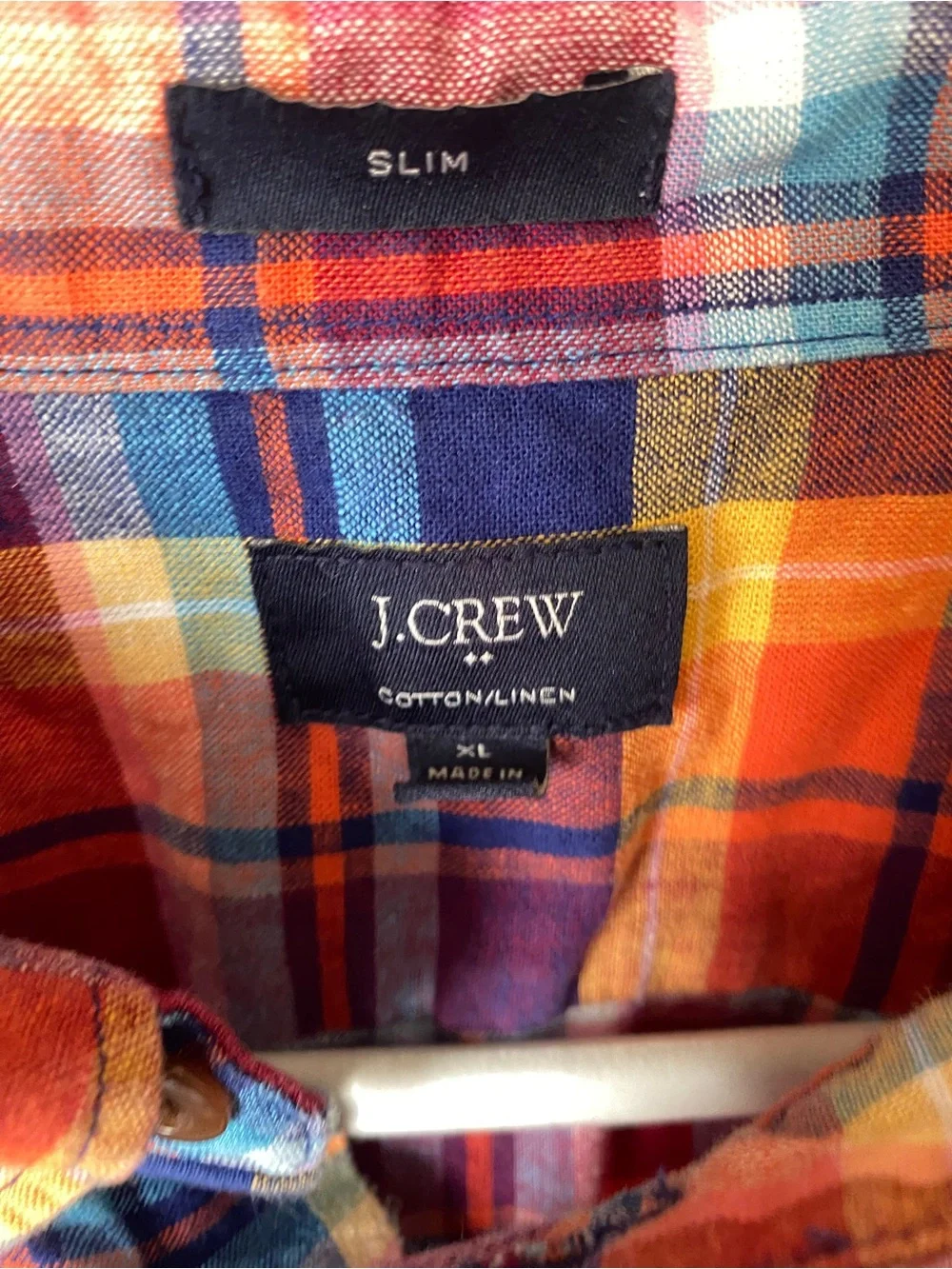 J Crew LINEN Slim Plaid Short Sleeve Button Collar Shirt Pockets  Mens XL